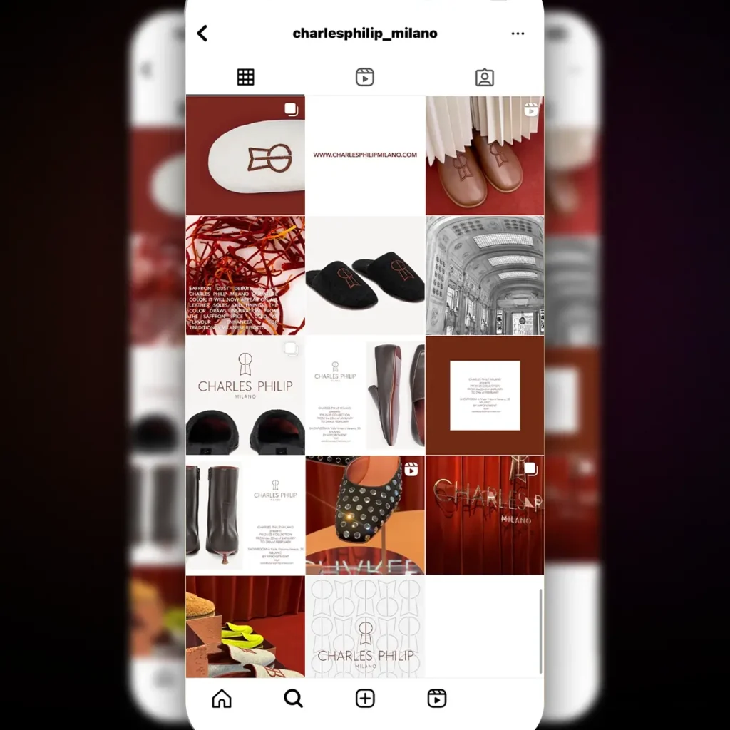 Charles Philip Milano Instagram screenshot: shoes, loafers, slippers and fashion accessories. Made in Italy style and design.