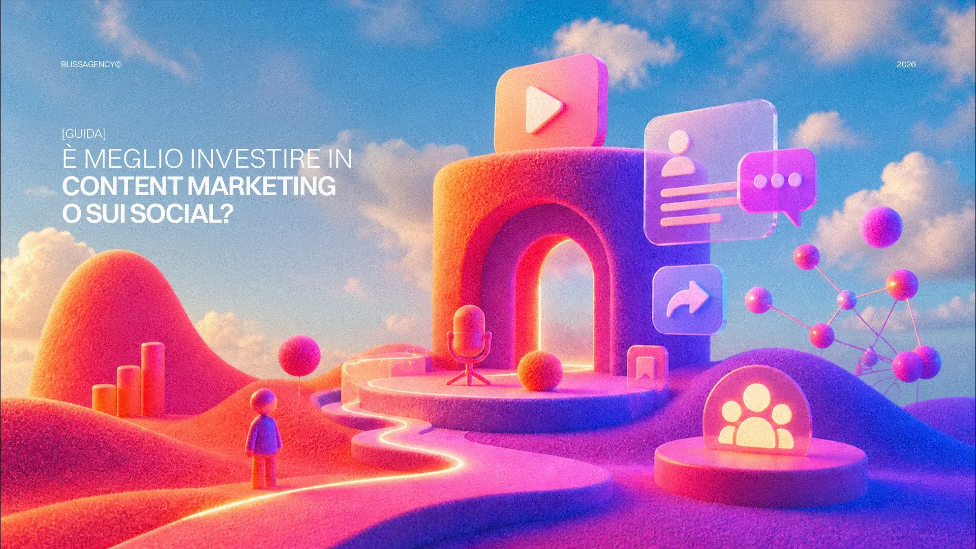 Content marketing vs social media: rendering 3D con icone social, grafici e paesaggio astratto. Guida strategica per investimento.