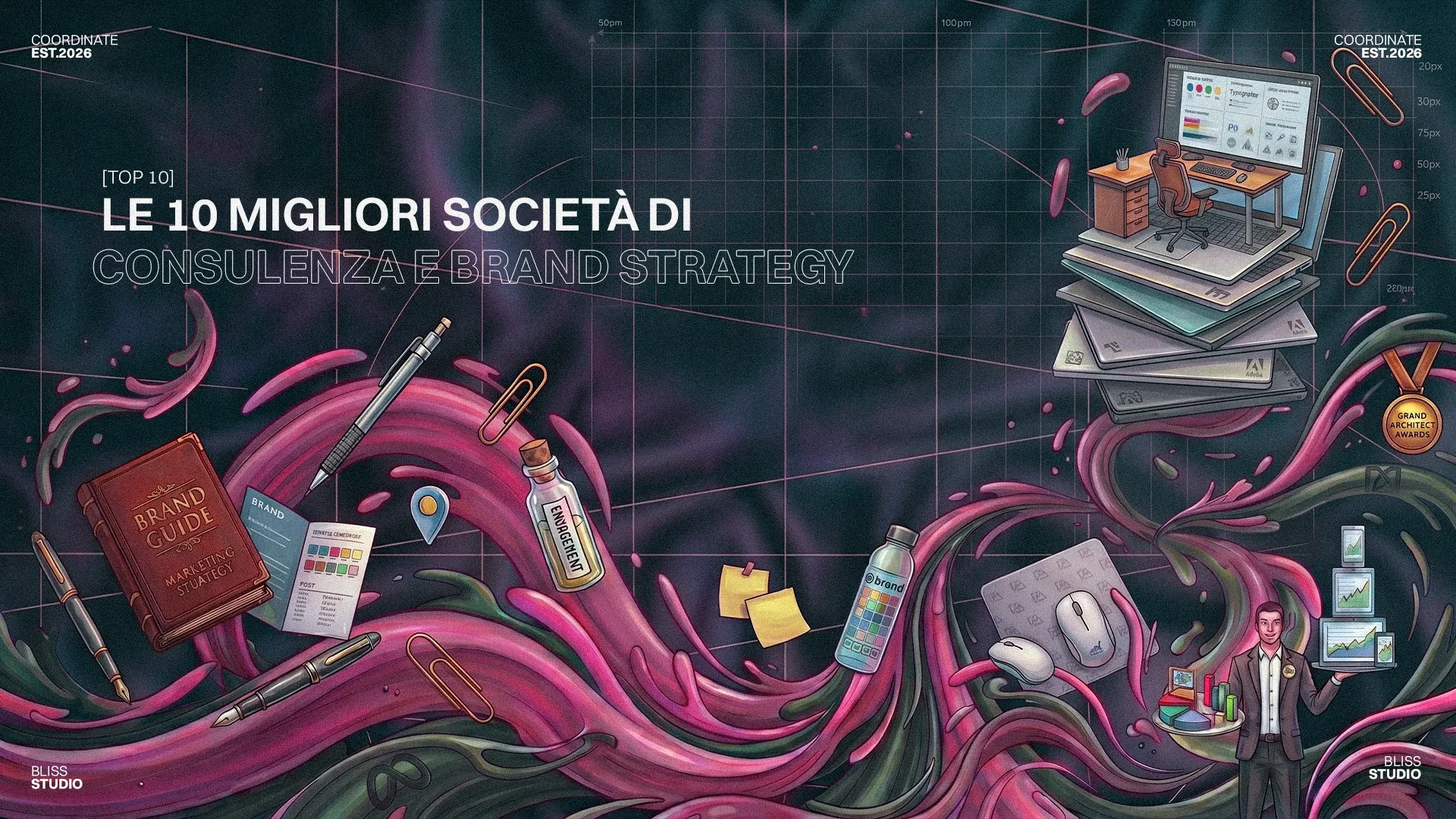 Top 10 agenzie fotografiche Italia: Consulenza Brand Strategy. Immagine creativa con elementi di design e branding aziendale.
