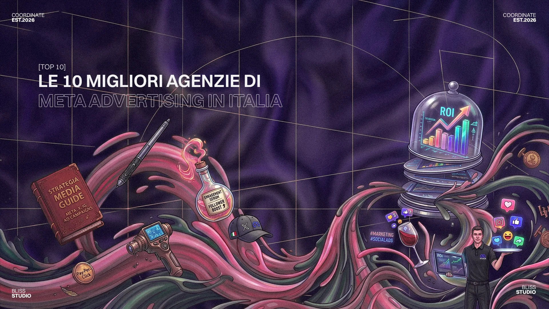 Top 10 agenzie Meta Advertising in Italia. Grafica con elementi digital marketing, ROI, social media e strategia pubblicitaria Meta.