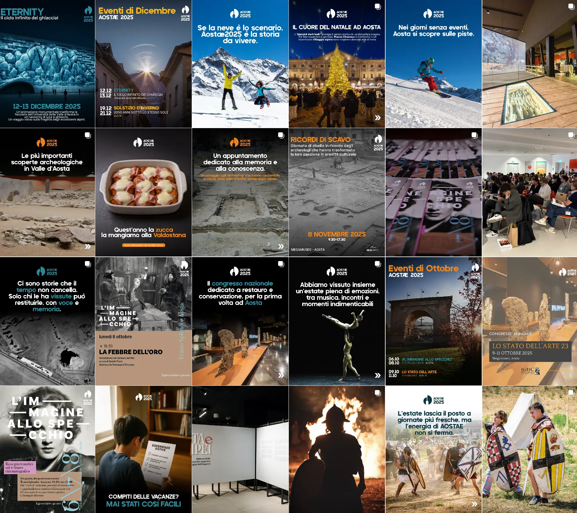 Immagini di eventi AOSTA 2025: mostre, archeologia, gastronomia, arte e cultura per un'identità visiva efficace. Branding design.