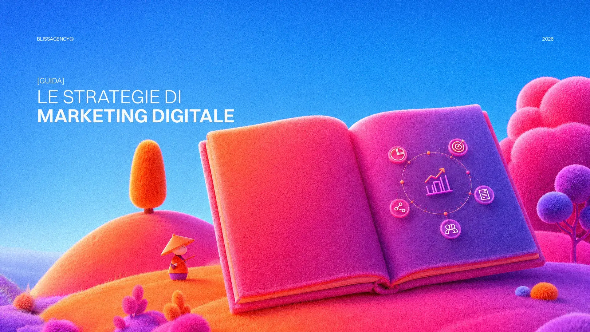 Guida alle strategie di marketing digitale: libro aperto con icone di crescita, target, dati e team. Scopri le strategie di marketing online.