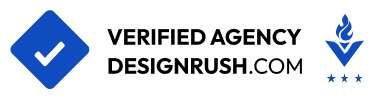 Logo agenzia verificata DesignRush.com. Simbolo di spunta blu e fiamma stilizzata. Bliss Agency.