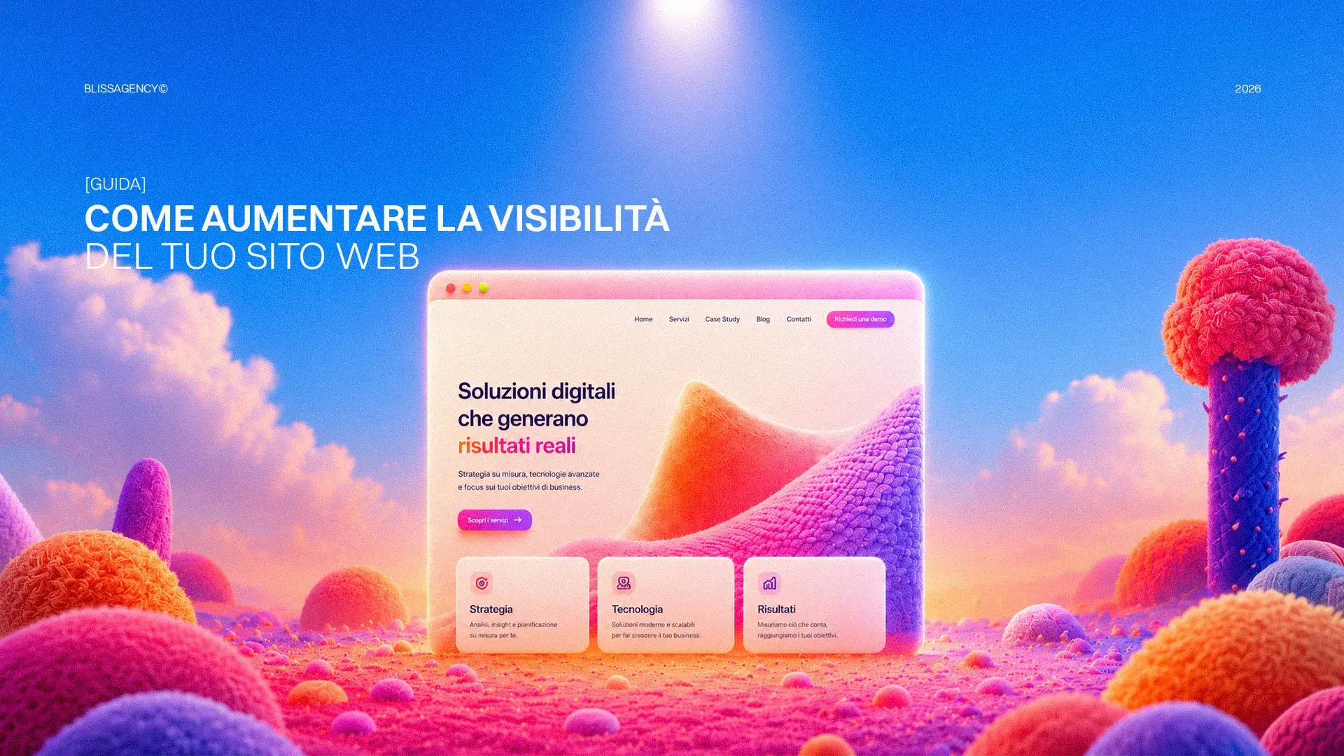 Visibilità sito web: guida 2026. Immagine mostra sito web con soluzioni digitali per aumentare la visibilità online. Ottimizzazione SEO.