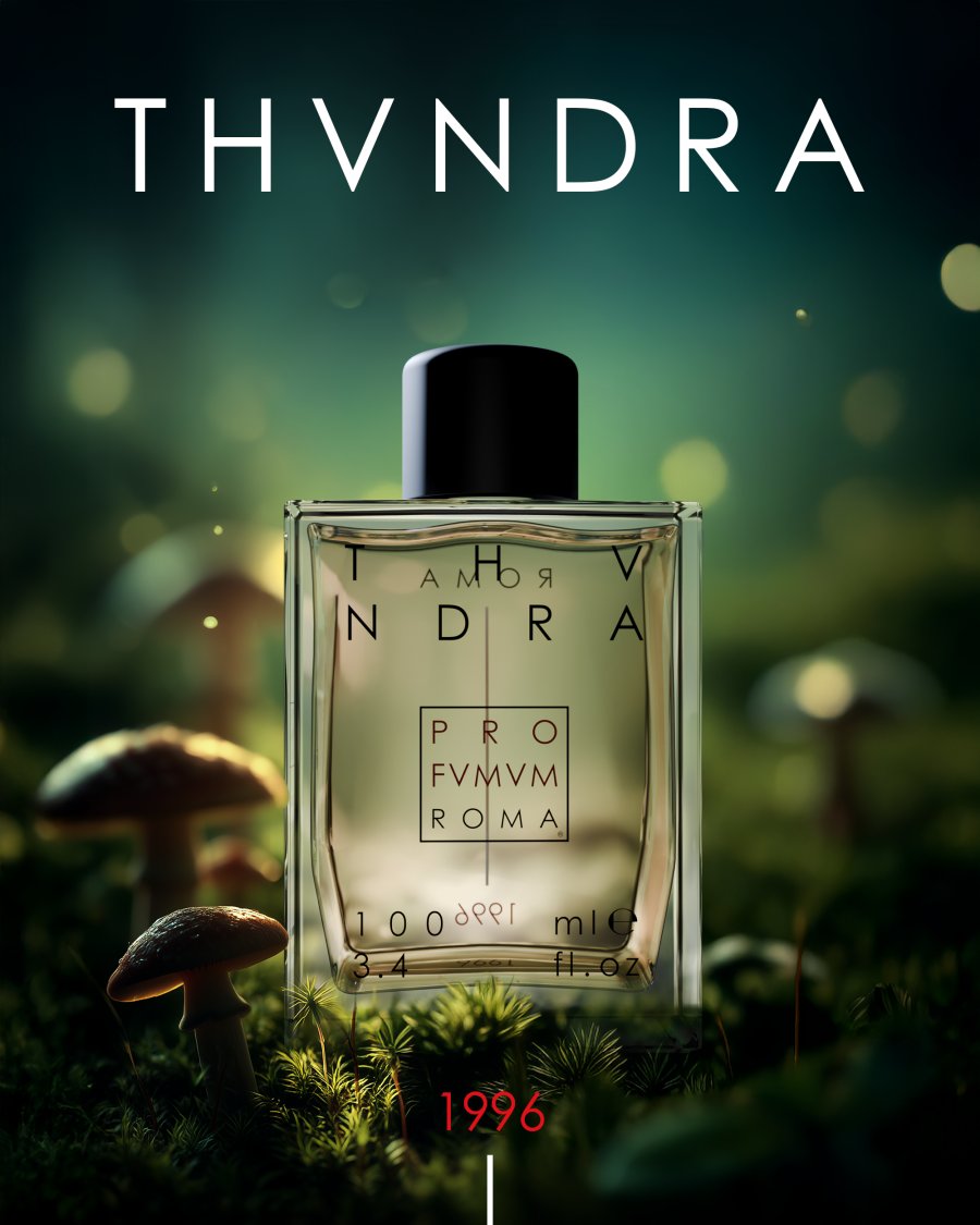 Flacone Thundra di Profumum Roma nel sottobosco, render 3D