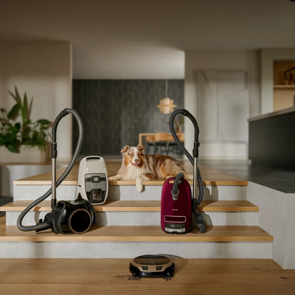 Miele vacuum cleaners and robot vacuum cleaners in a modern interior with a dog, photo for Bliss Agency | Marketing and Communications Agency