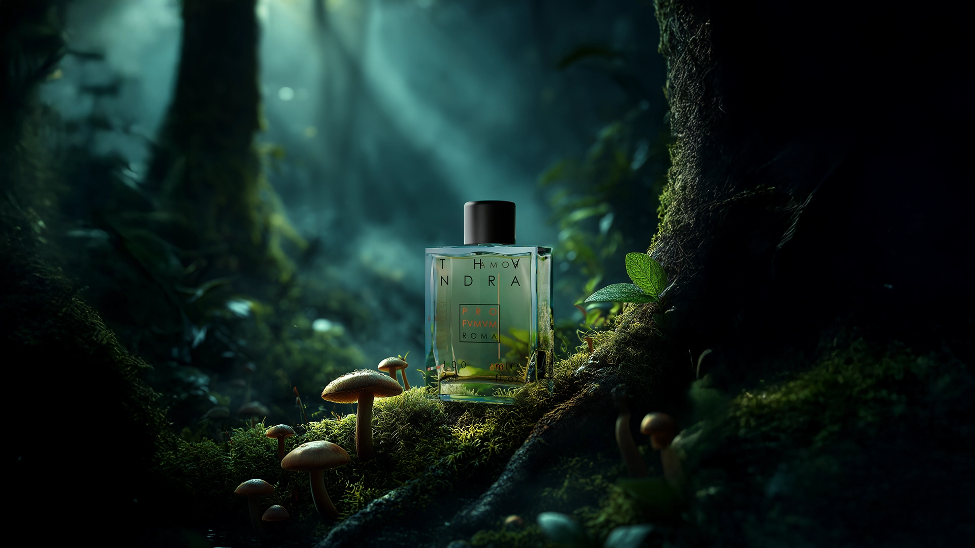 Profumo Thundra Roma in un bosco incantato. Campagna pubblicitaria Bliss per marketing e comunicazione profumi di lusso.