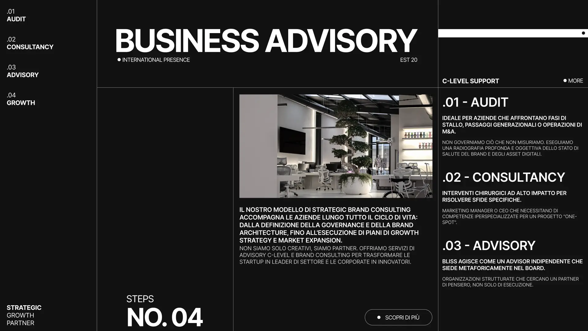 Consulenza aziendale: partnership strategica per la crescita. Servizi di advisory C-level e brand consulting. Supporto audit, M&A, e altro.