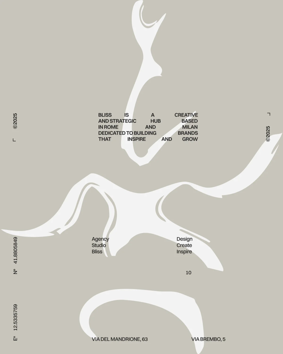 Design astratto con testi: Bliss, agenzia studio a Roma e Milano. Via del Mandrione, Via Brembo, design creativo e ispiratore.