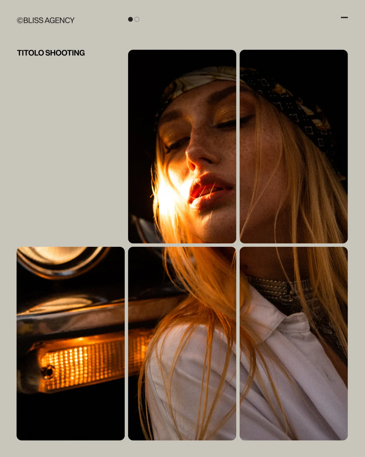 Servizio fotografico di moda con modella bionda, auto d'epoca e illuminazione suggestiva. Stile vintage e lusso.
