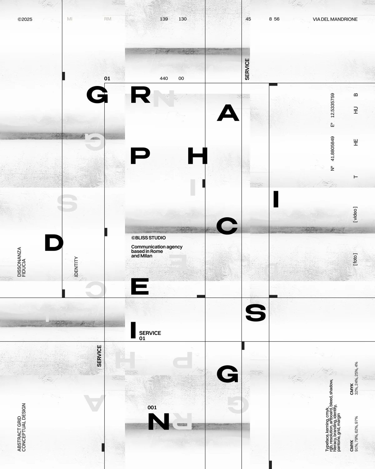 Grafica astratta per marketing e comunicazione. Design concettuale con griglia, testo nero su sfondo chiaro. Agenzia di comunicazione Bliss Studio.
