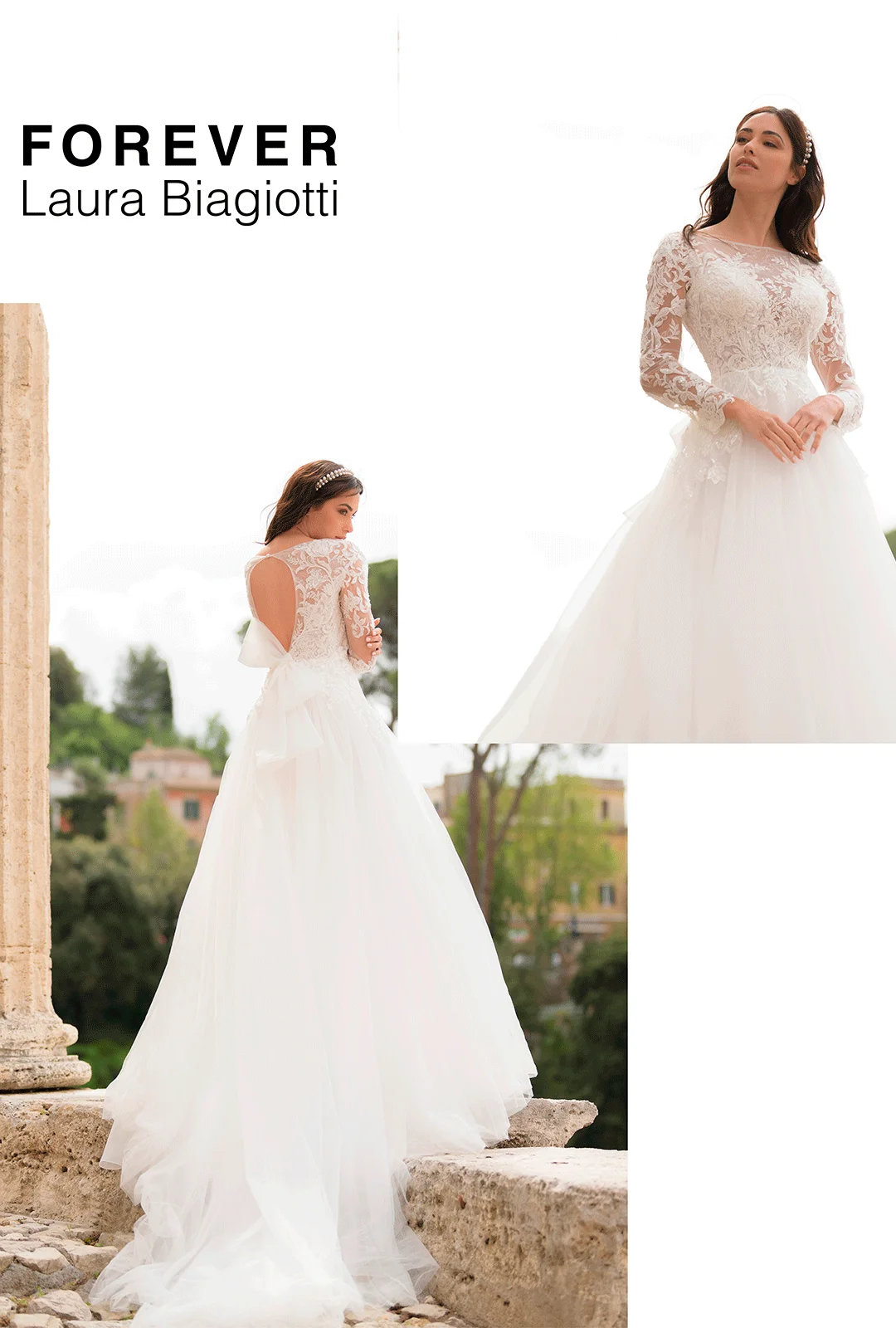 Abito da sposa Laura Biagiotti Roma: design elegante con maniche lunghe in pizzo e ampia gonna. Stile romantico per il giorno speciale.