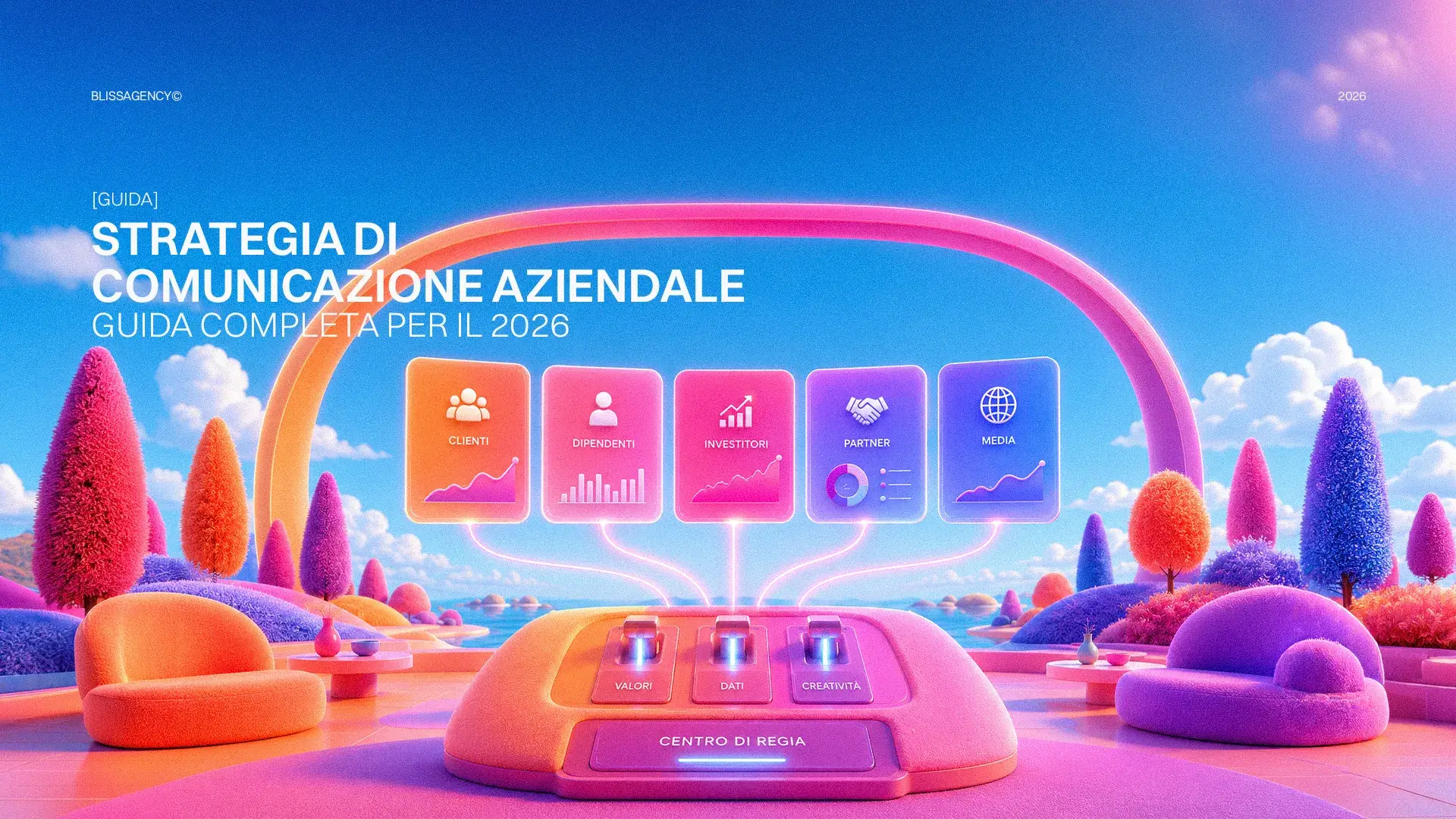 Guida completa 2026 sulla strategia di comunicazione aziendale. Grafica con clienti, media, investitori. Focus su valori, dati, creatività.