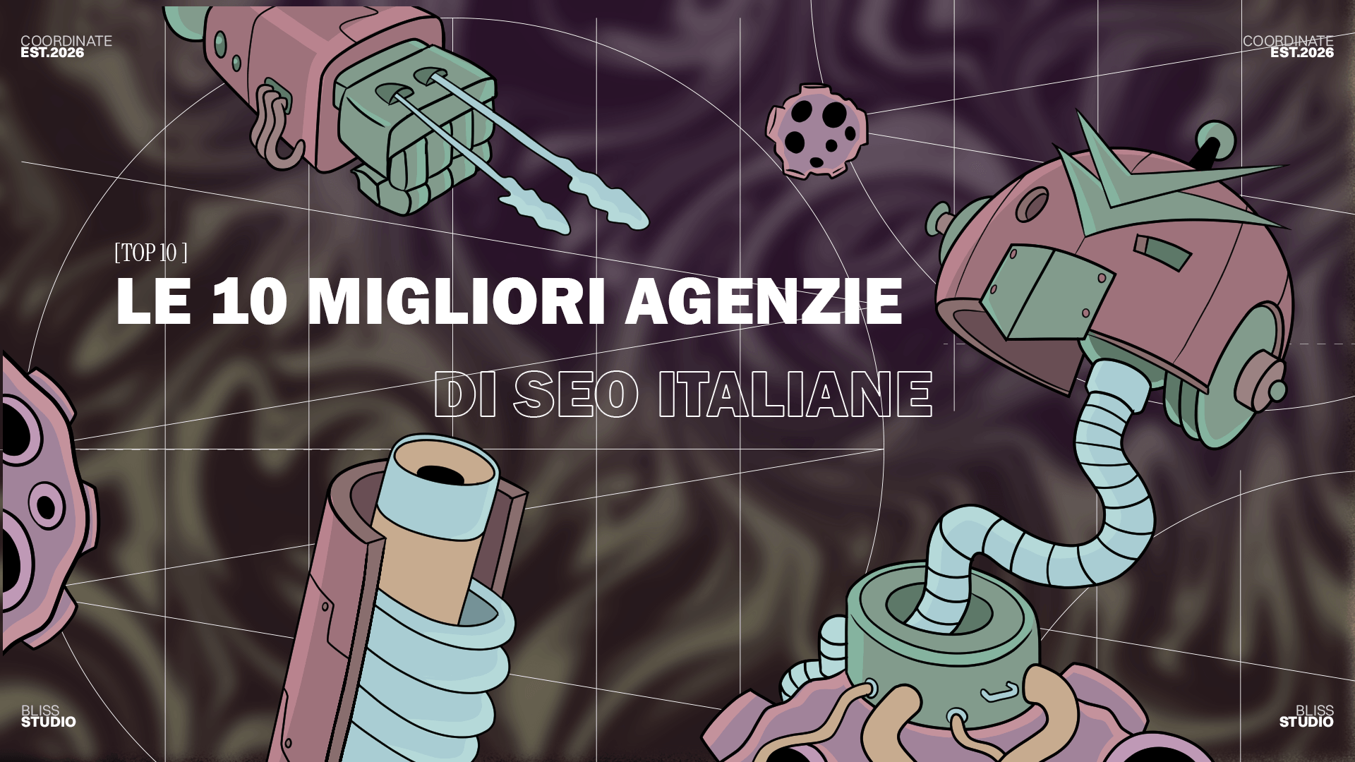 Le 10 migliori agenzie di SEO italiane illustrate con elementi futuristici e astratti. Agenzie SEO, ottimizzazione motori di ricerca Italia.