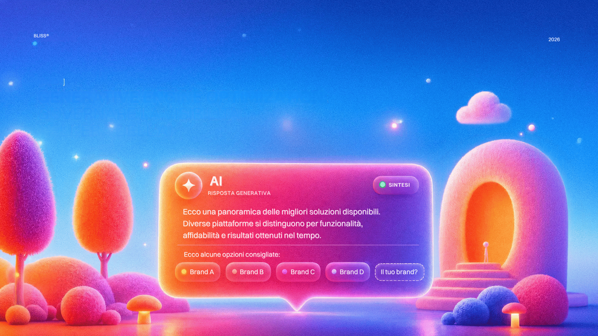 GEO Generative Engine Optimization: immagine con paesaggio AI, testo 'Governare la visibilità nell'era dell'AI', e opzioni brand.