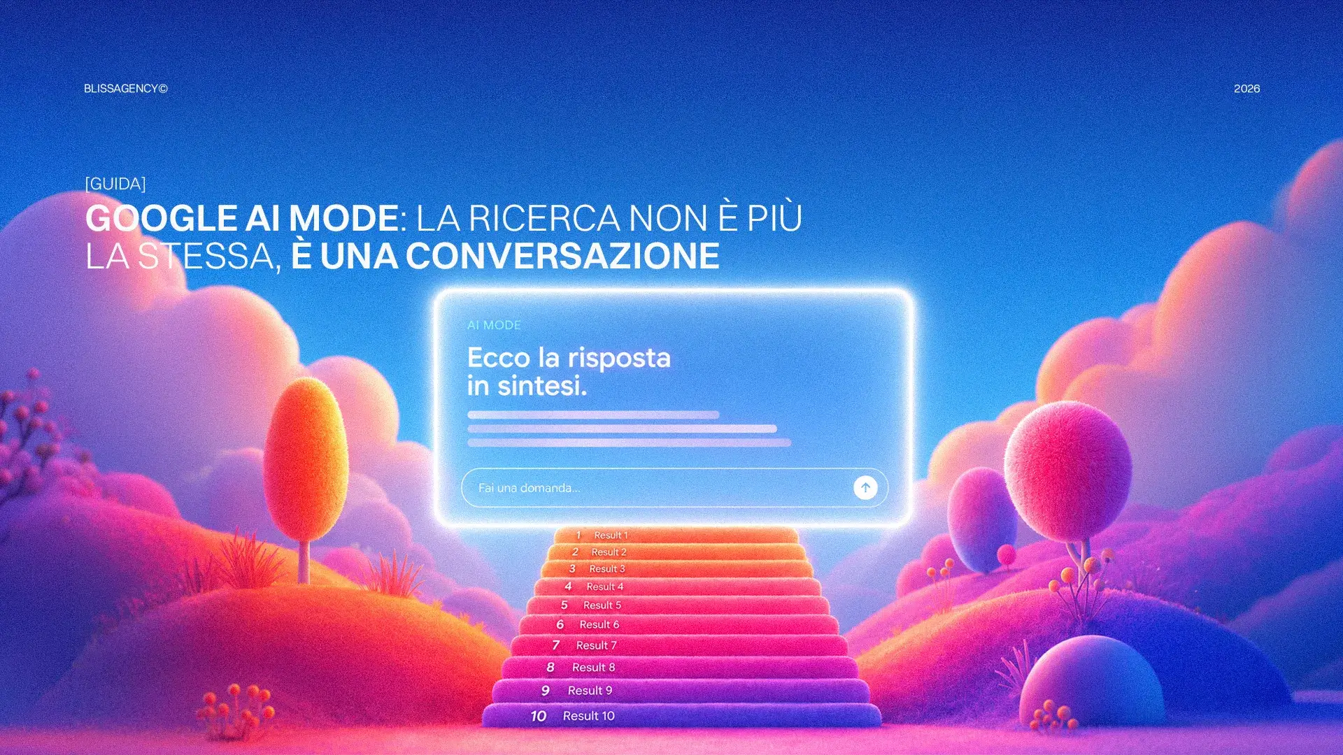 Google AI Mode: Ricerca conversazionale. Interfaccia AI con risultati sintetici e design futuristico. Nuova esperienza di ricerca Google.