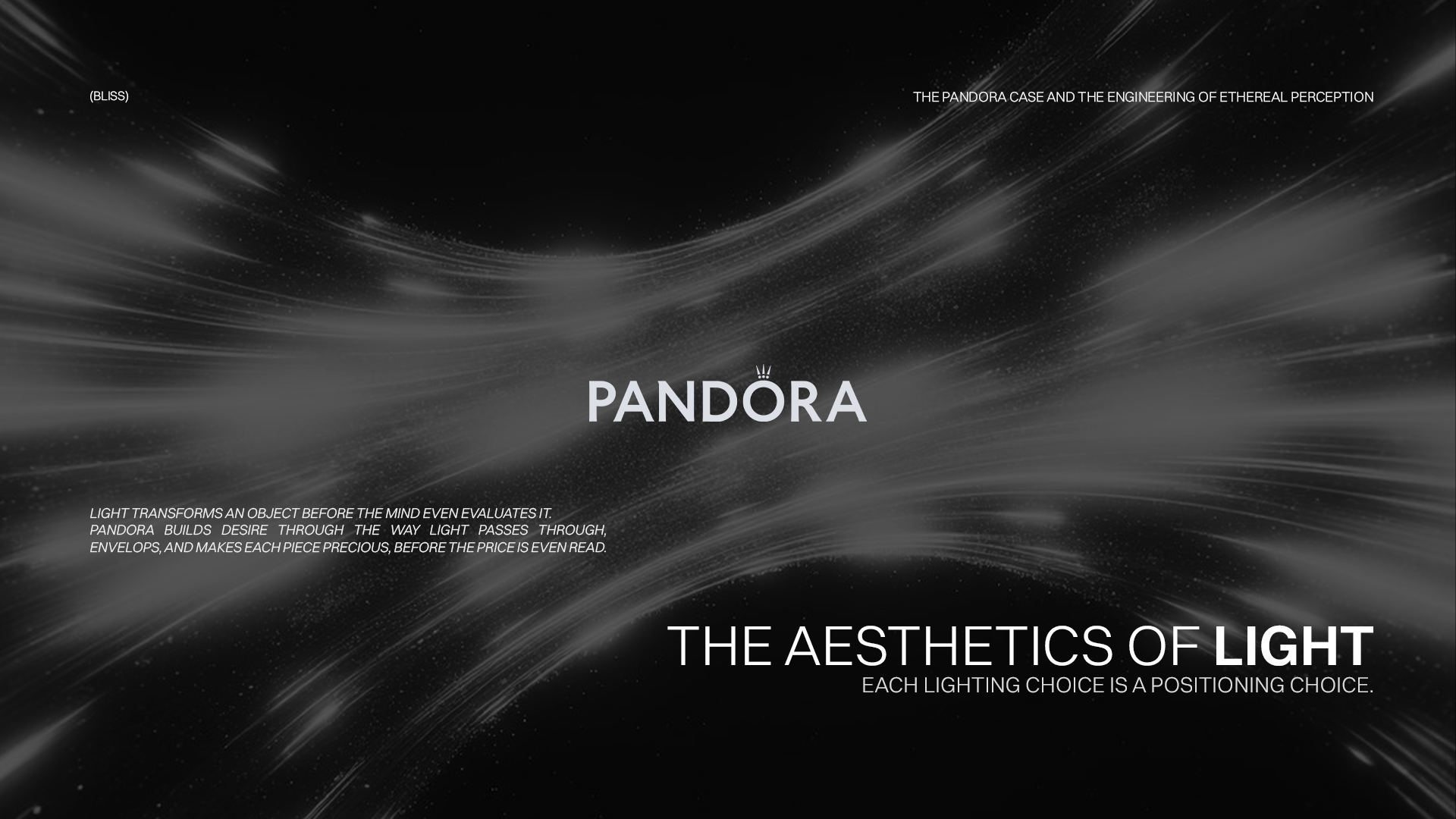 L'estetica della luce: Il caso Pandora e l'ingegneria della percezione eterea. Design astratto con il logo Pandora.