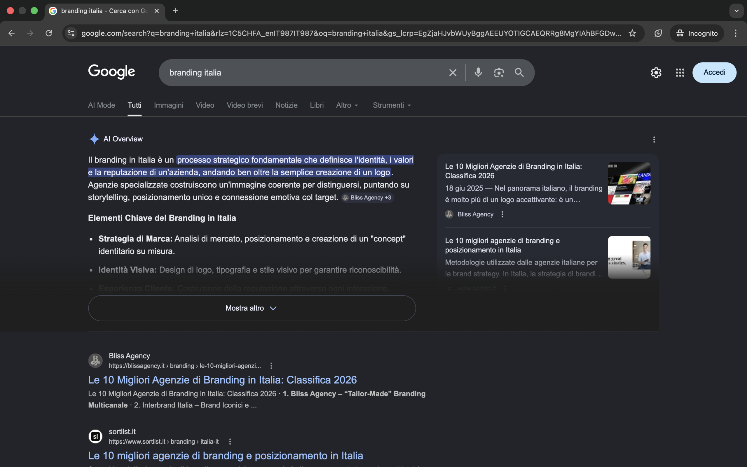 Google AI Overview per la query 'branding italia' — Bliss Agency citata come fonte principale con badge