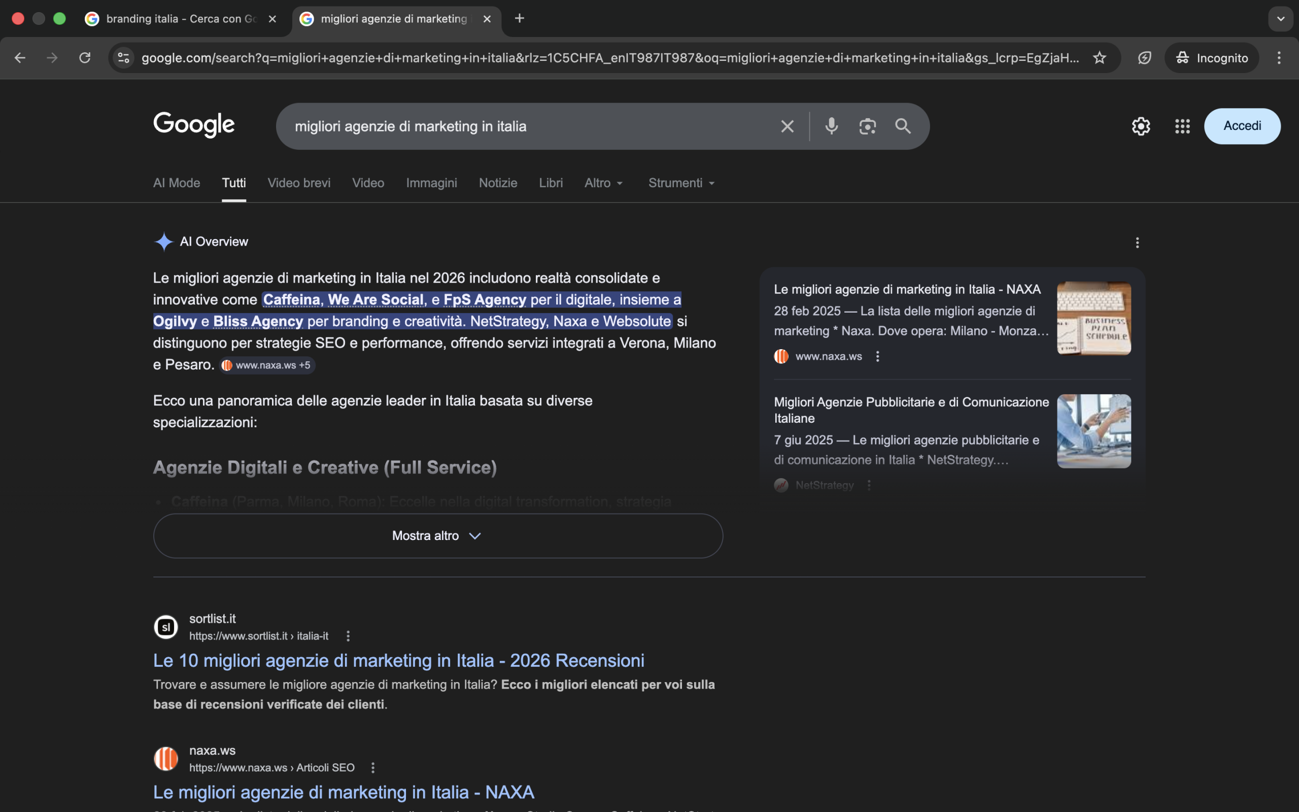 Google AI Overview per 'migliori agenzie di marketing in italia' — Bliss Agency citata nel testo della risposta generativa pur non essendo prima nel ranking organico