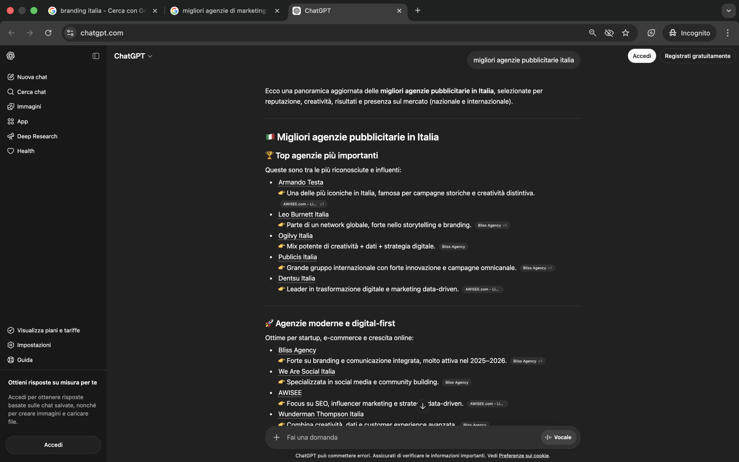 ChatGPT Search risponde alla query 'migliori agenzie pubblicitarie italia' citando Bliss Agency tra le agenzie digital-first con tag fonte visibile