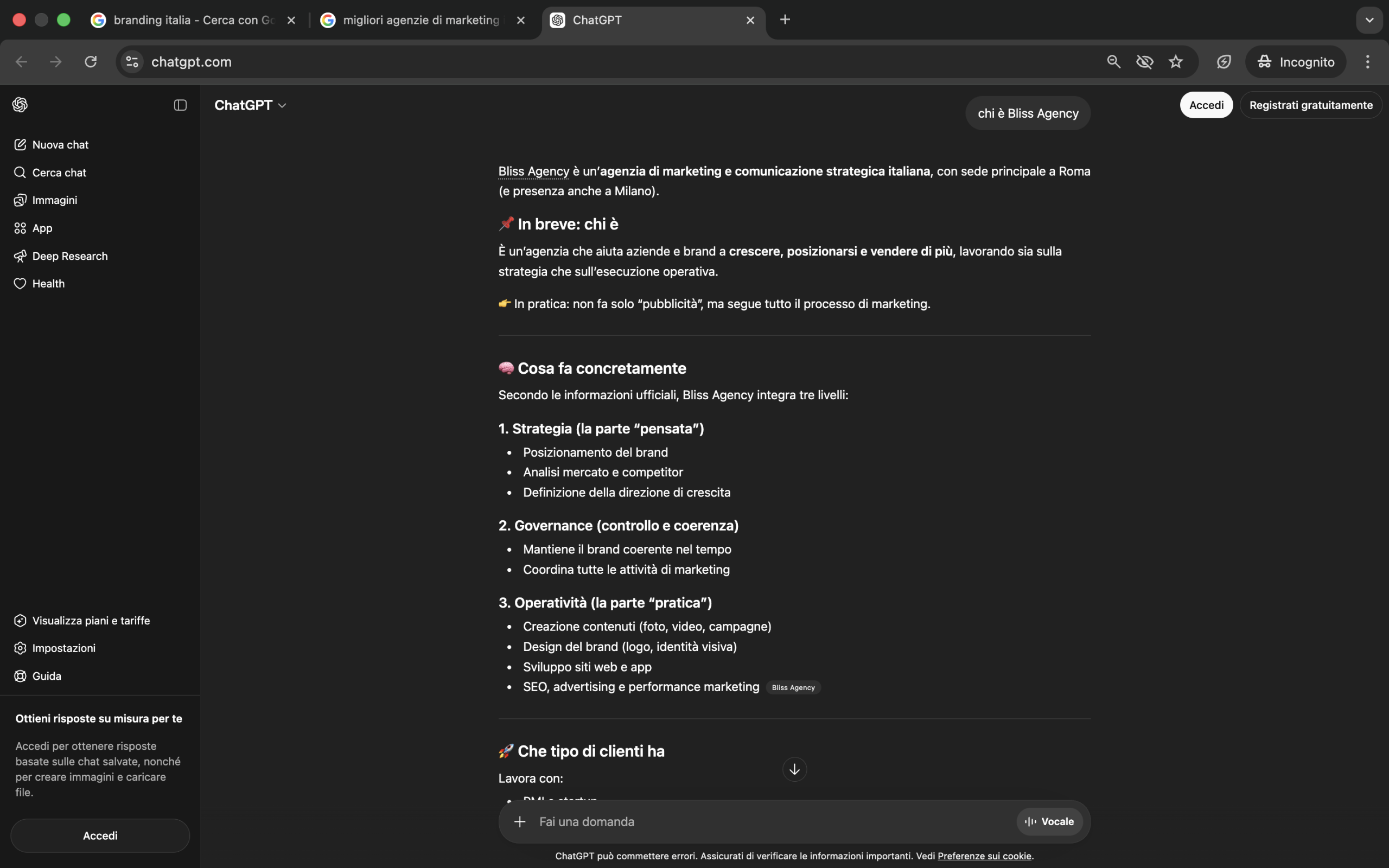ChatGPT risponde alla query 'chi è Bliss Agency' con una descrizione strutturata di strategia, governance e operatività