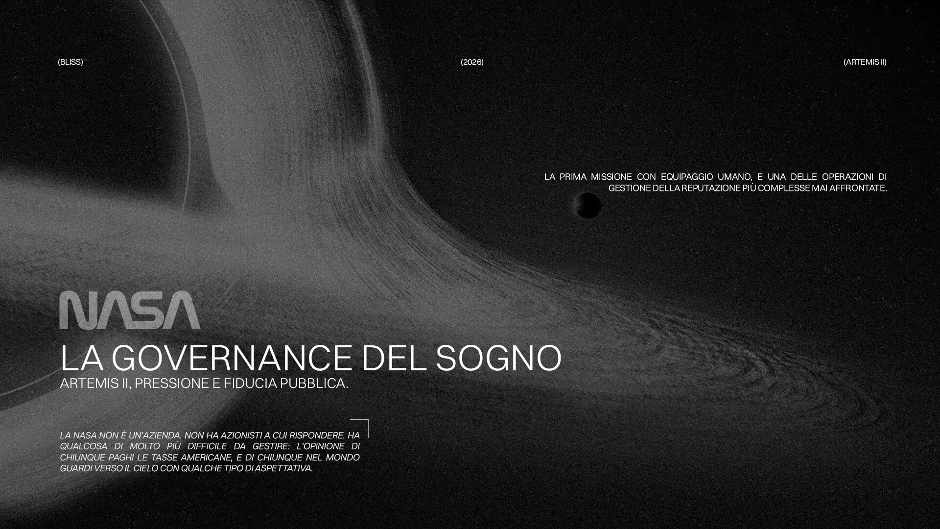 Grafica Artemis 2 NASA: la governance del progetto spaziale. Pressione e fiducia pubblica per il successo della missione Artemis II.