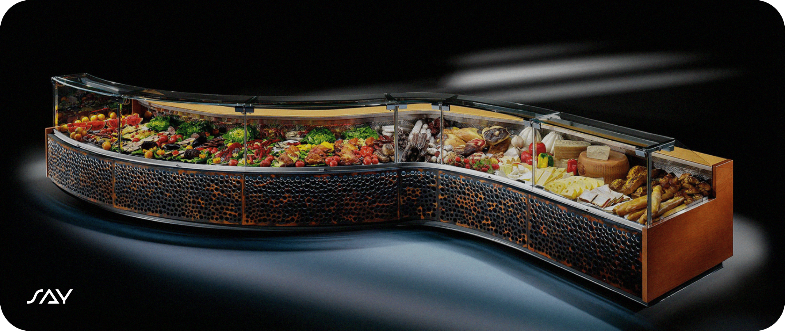 Vetrina refrigerata per GDO con esposizione di prodotti freschi: verdure, carne, formaggi e pane. Soluzione marketing per supermercati.