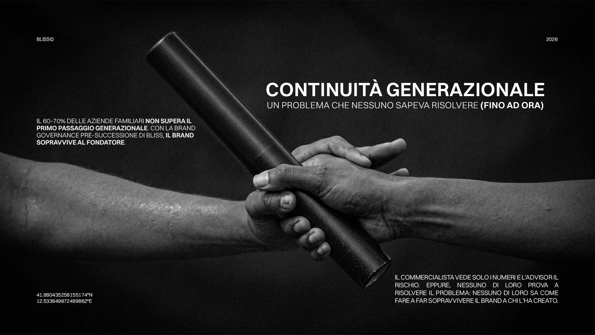 Continuità Generazionale: passaggio di testimone, mani che si passano un testimone. Bliss brand governance per aziende familiari.