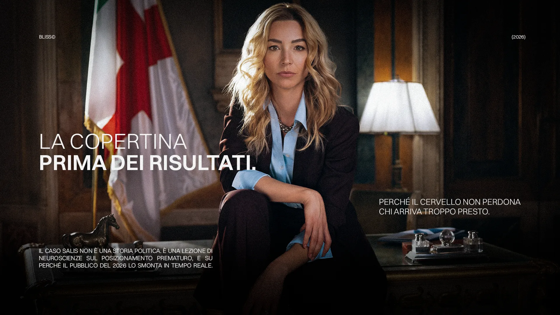 Copertina libro Silvia Salis: "La copertina prima dei risultati". Donna in giacca, bandiera italiana sullo sfondo. Neuroscienze e politica.