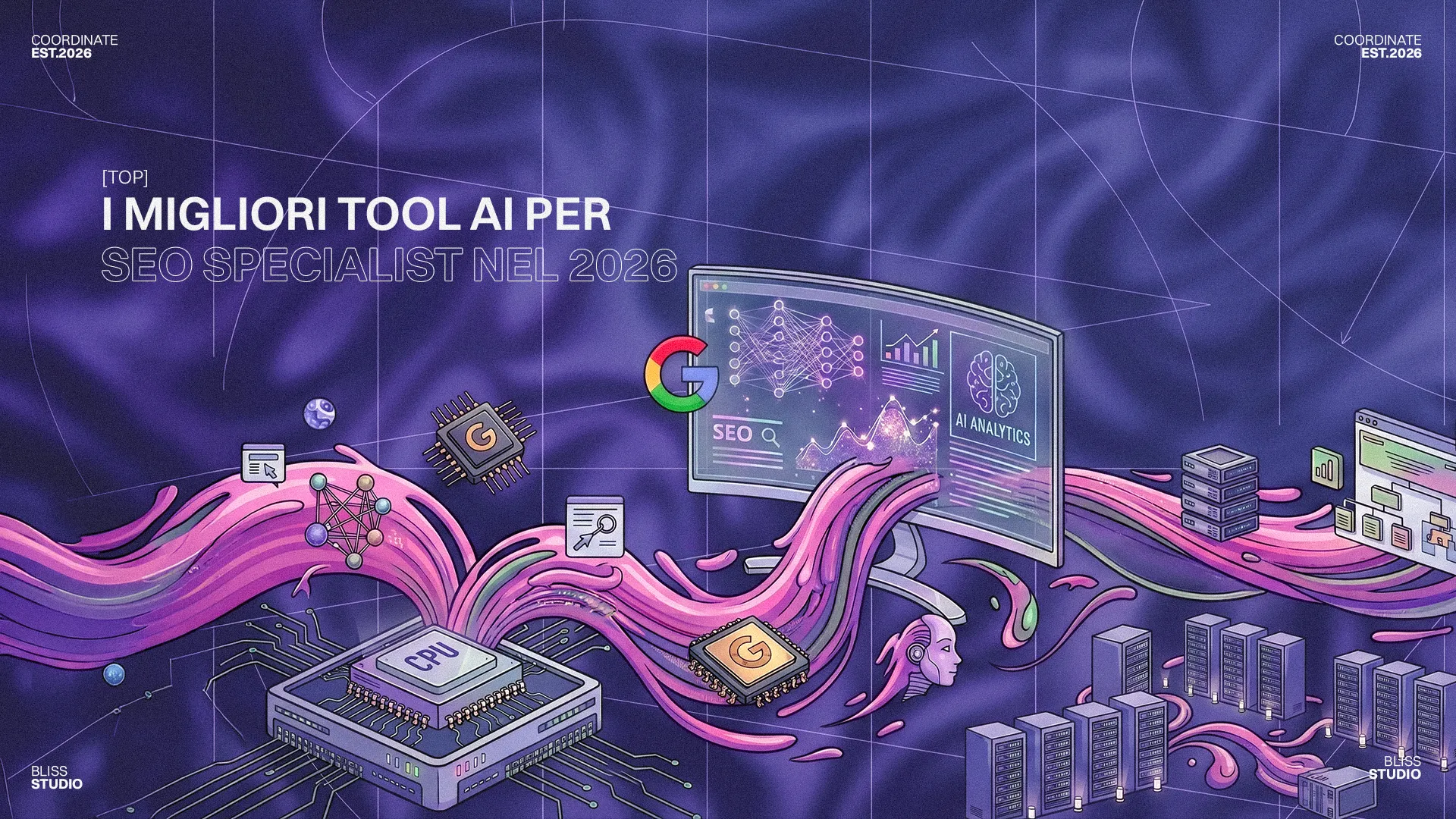 I migliori tool AI per SEO specialist nel 2026: illustrazione di CPU, server, intelligenza artificiale e analisi SEO. Tool AI innovativi.