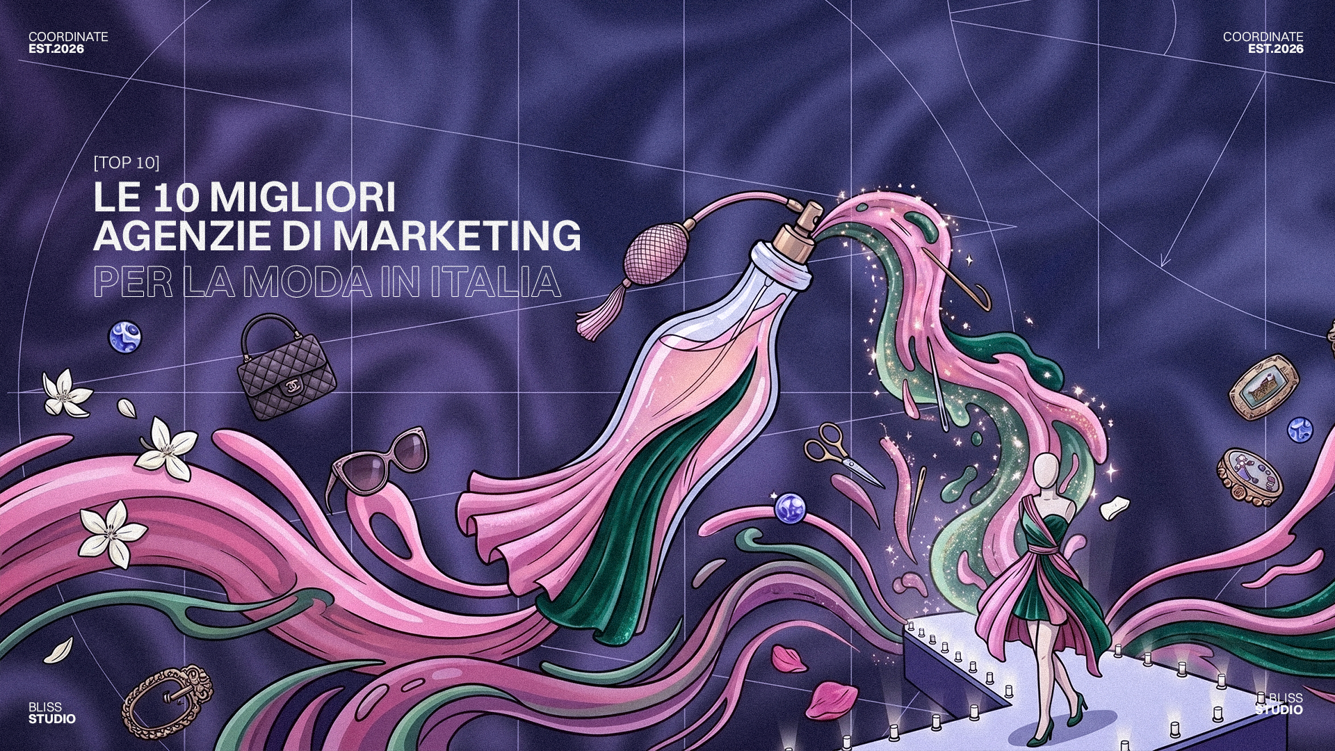 Le 10 migliori agenzie di marketing per la moda in Italia. Immagine con borsa, profumo, occhiali e sfilata di moda.