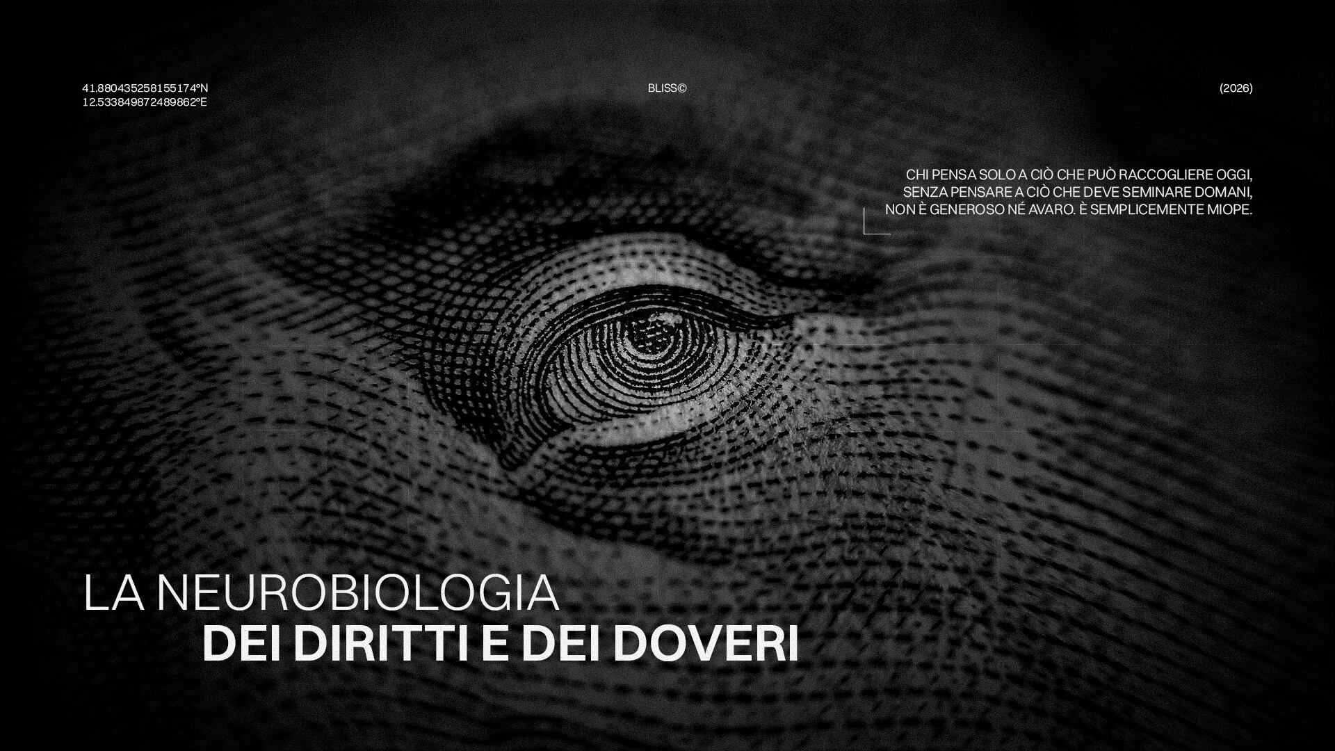 Marchionne e la neurobiologia dei diritti: primo piano in bianco e nero di un occhio stilizzato, simbolo dei doveri e diritti.
