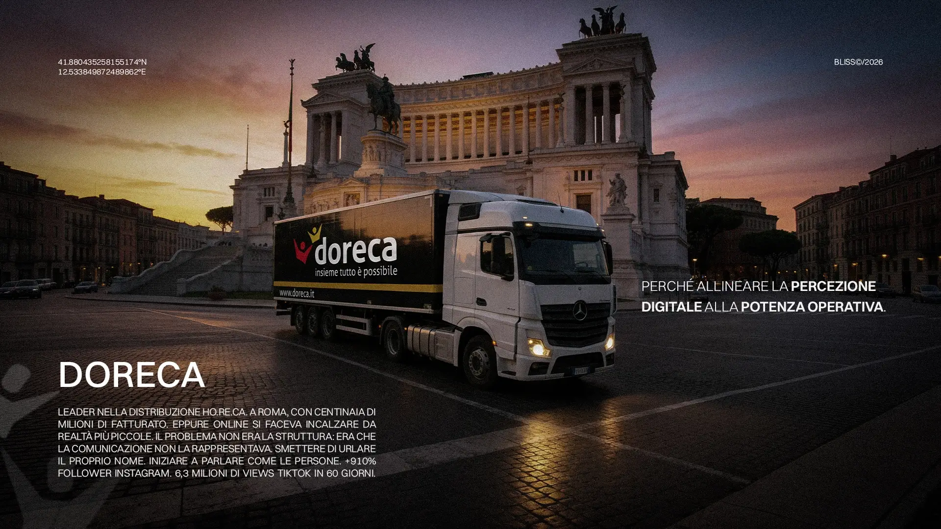 Camion Doreca a Roma con il Vittoriano sullo sfondo. Doreca: allineare la percezione digitale alla potenza operativa.