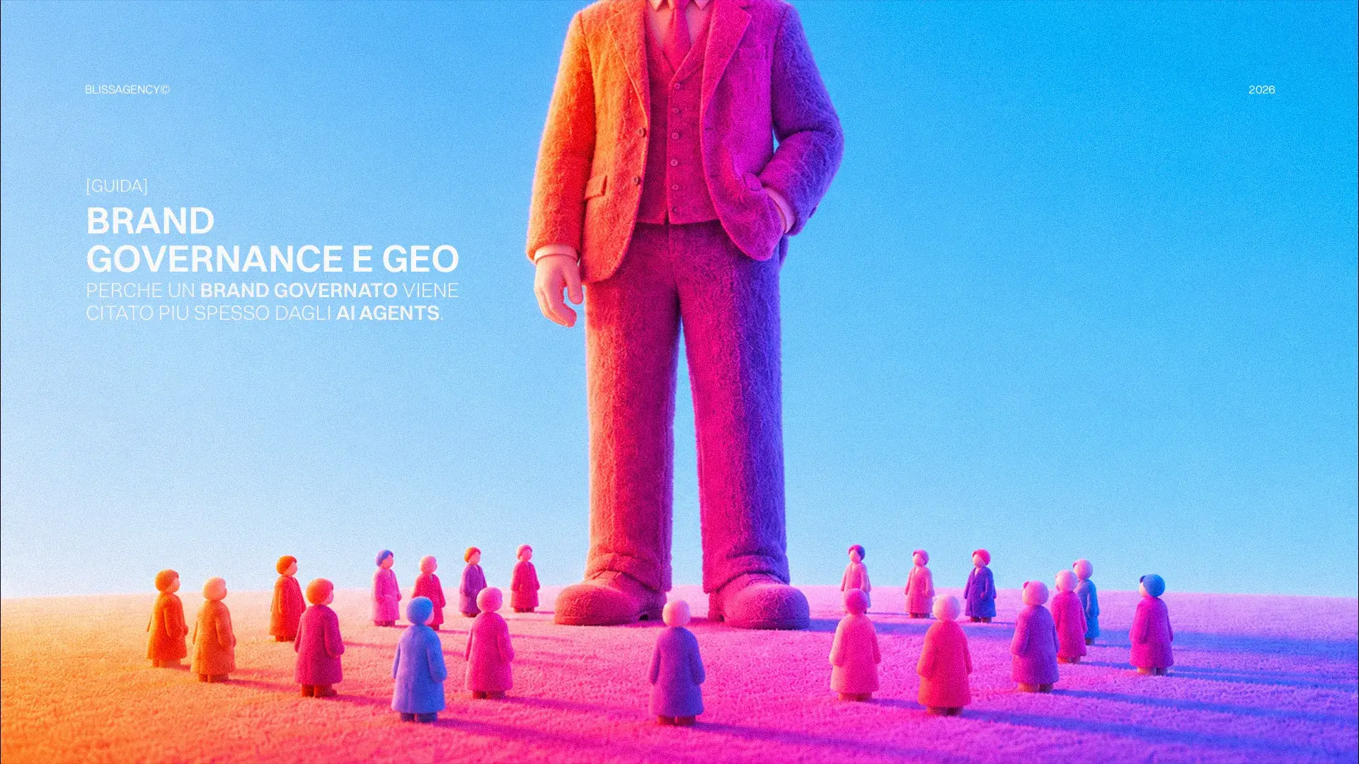 Governance e GEO del brand: figura gigante con persone piccole. Immagine per la gestione e strategia di marca per AI agents.