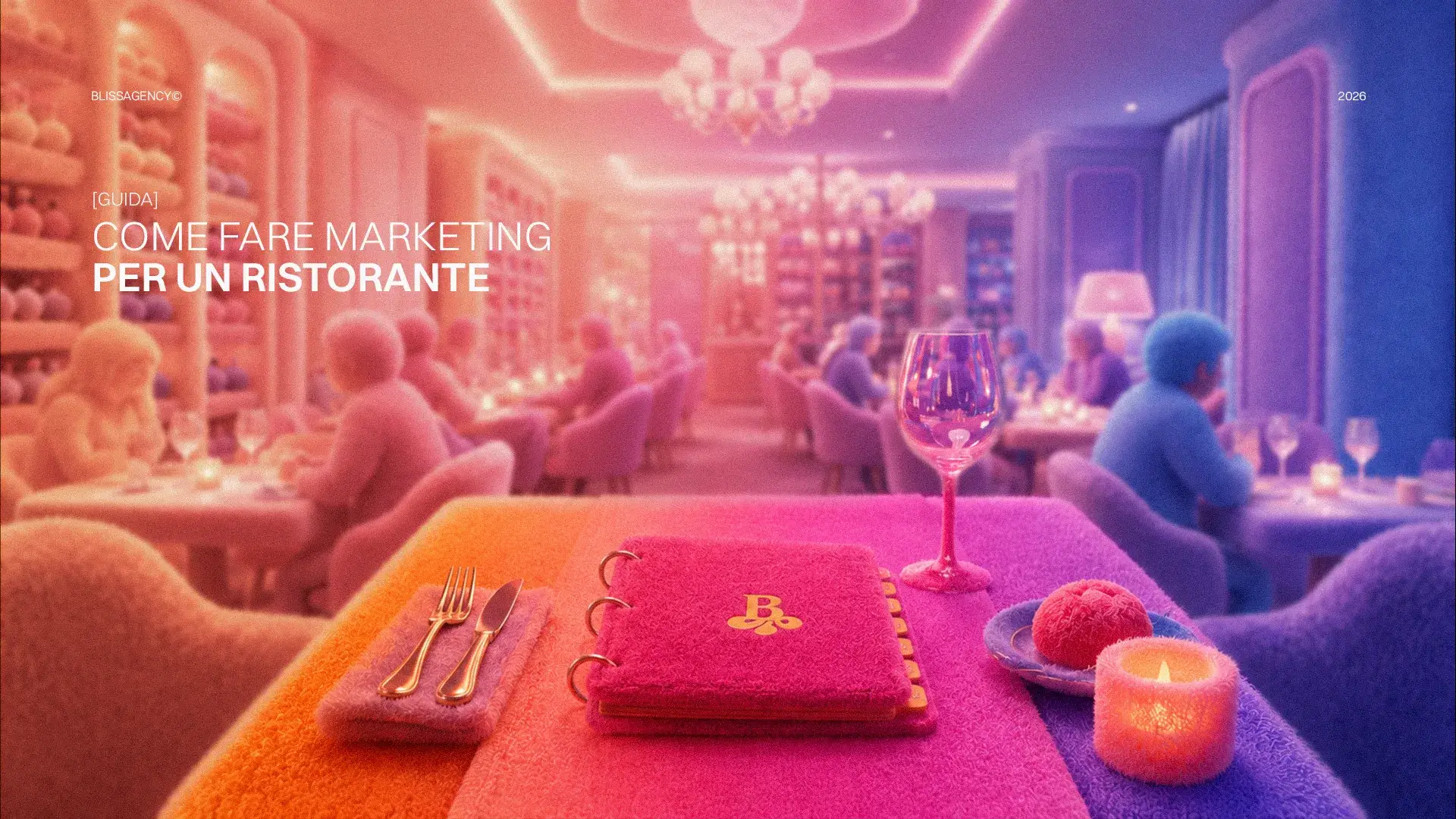 Guida marketing ristorante 2026: interno lussuoso con menu, posate, candela e calice. Strategie di successo per ristoranti.