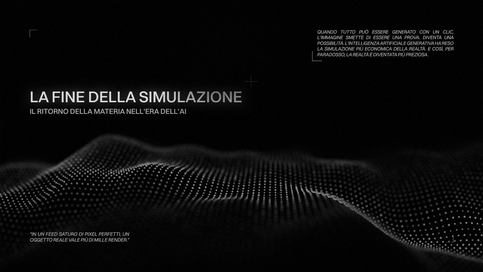 La Fine della Simulazione: ritorno della materia nell'era dell'AI. Paesaggio digitale astratto, pixel e tecnologia. Metaverso e futuro.