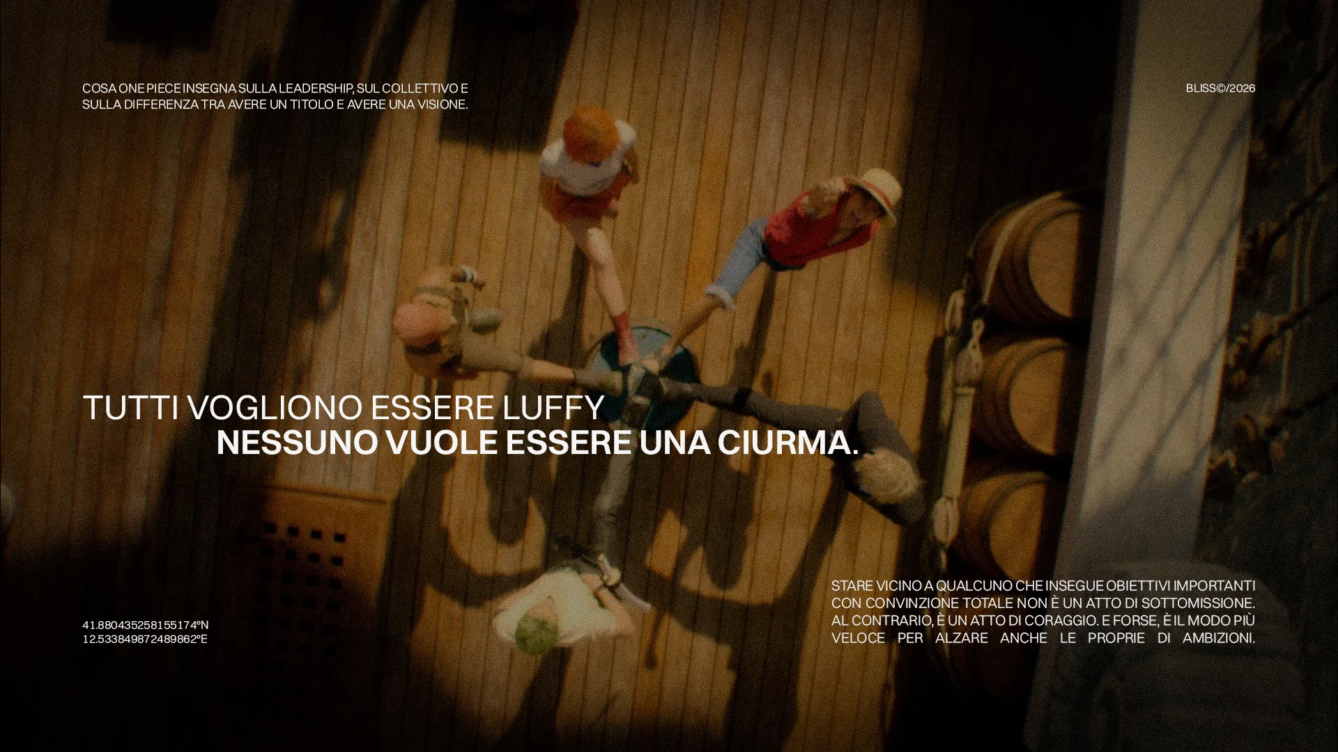 One Piece: personaggi iconici Luffy e ciurma su nave. Metafora leadership e lavoro di squadra. Tutti vogliono essere Luffy.