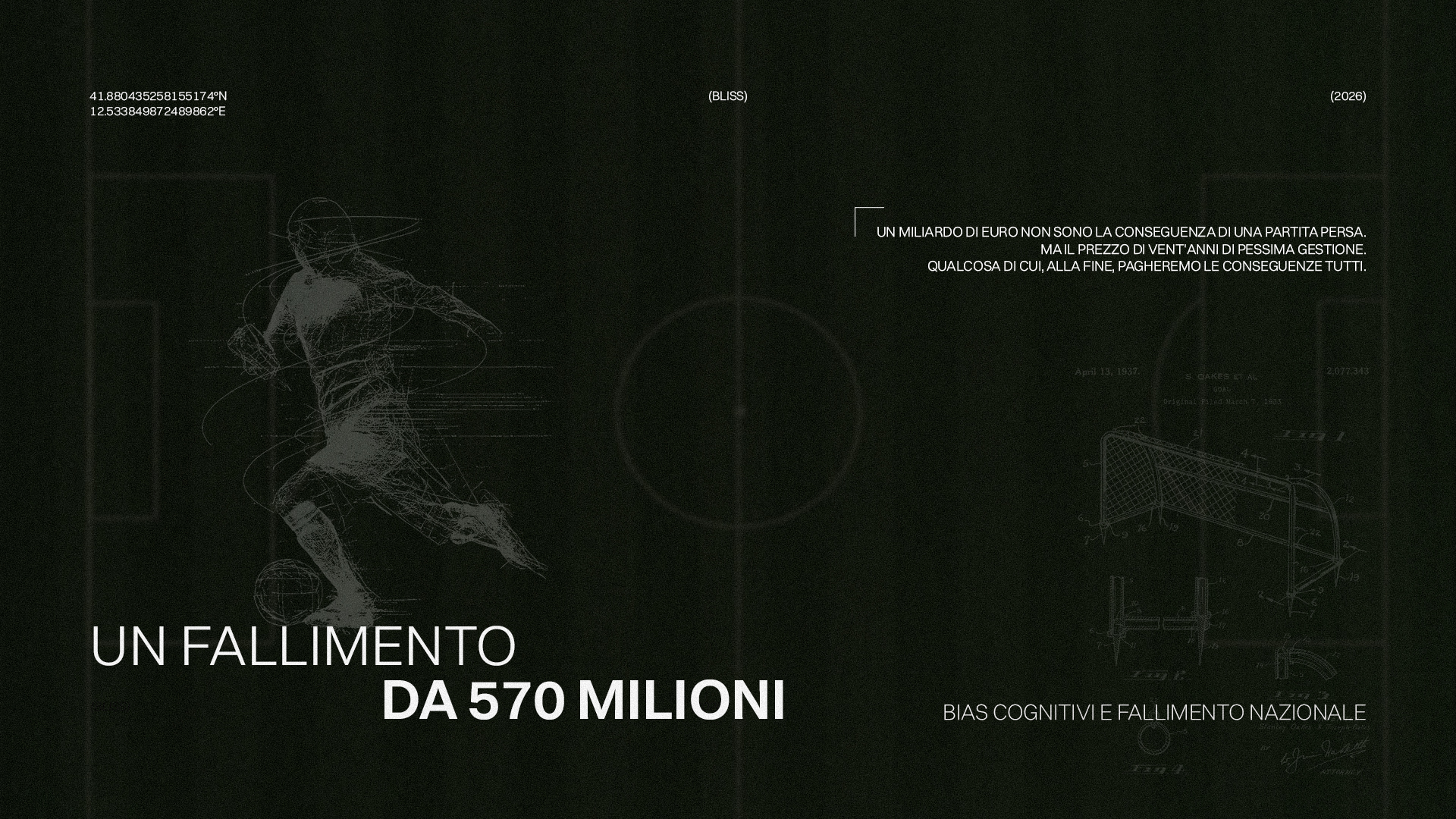 Grafica Mondiali: calciatore stilizzato, campo da calcio. Un fallimento da 570 milioni, bias cognitivi e fallimento nazionale. Italia esclusa.