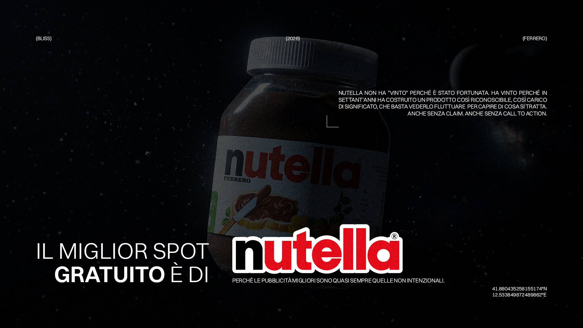 Nutella sulla Luna: barattolo Nutella nello spazio. Grafica pubblicitaria Nutella, il miglior spot gratuito. Caso o strategia marketing?