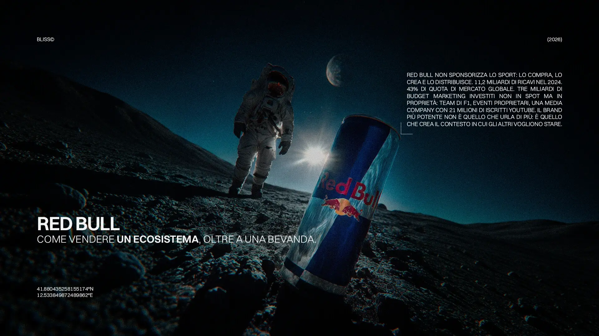 Immagine Red Bull su suolo lunare con astronauta, pubblicità bevanda energetica e ecosistema Red Bull, visione futuristica e innovazione.