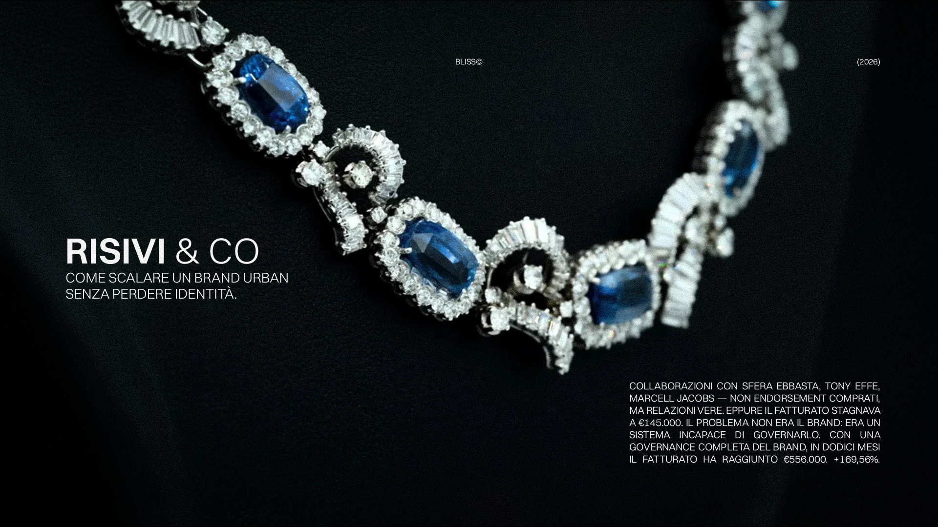 Collana di lusso Risivi con zaffiri blu e diamanti su sfondo nero. Eleganza e stile per un brand urban in crescita.