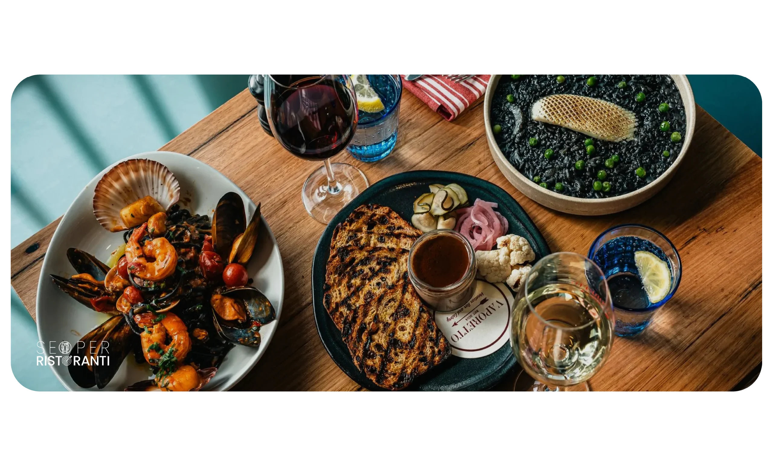 Image of seafood dishes and Italian antipasti. Refined cuisine for restaurant marketing in Italy.