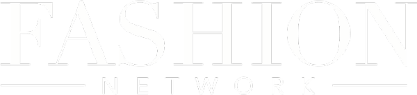 Fashion Network logo bianco su sfondo blu-grigio. Caso studio moda, pagina numeri. Design elegante.