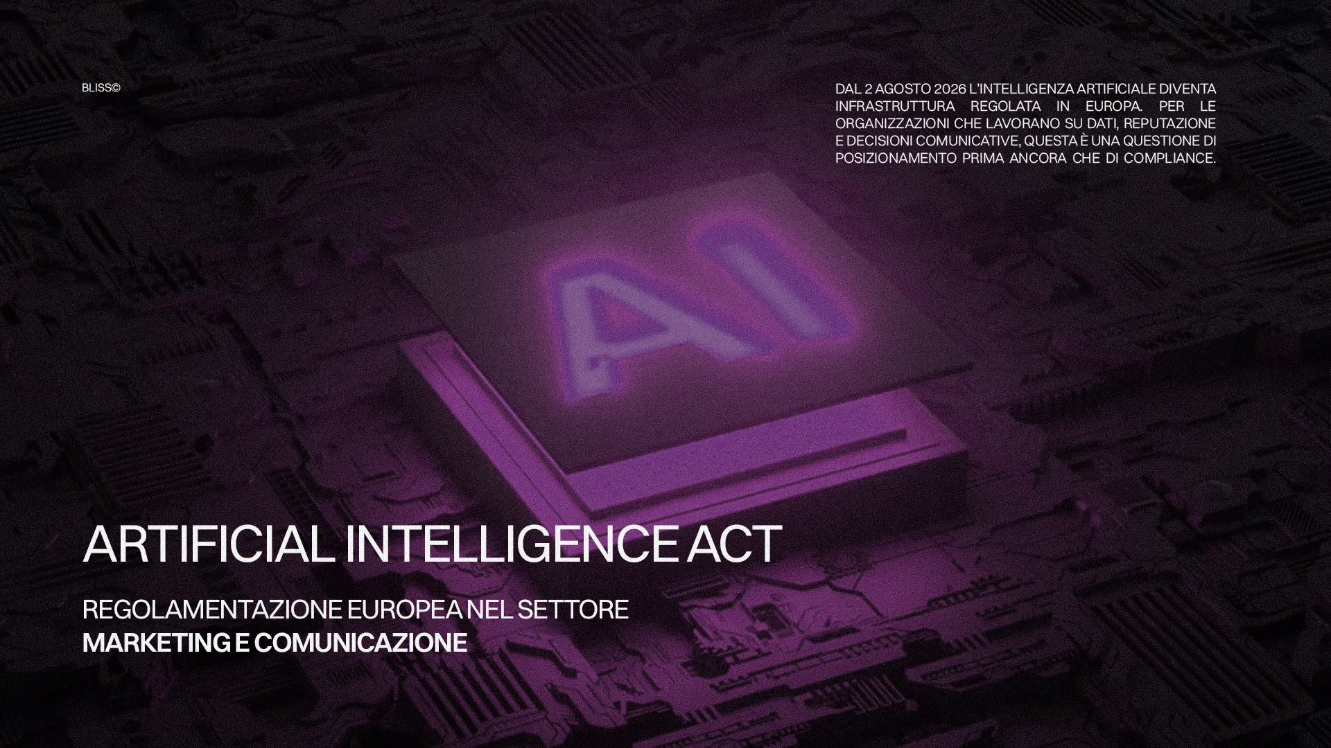 AI Act: Regolamentazione europea per l'Intelligenza Artificiale nel marketing e comunicazione. Immagine con logo 'AI' luminoso.