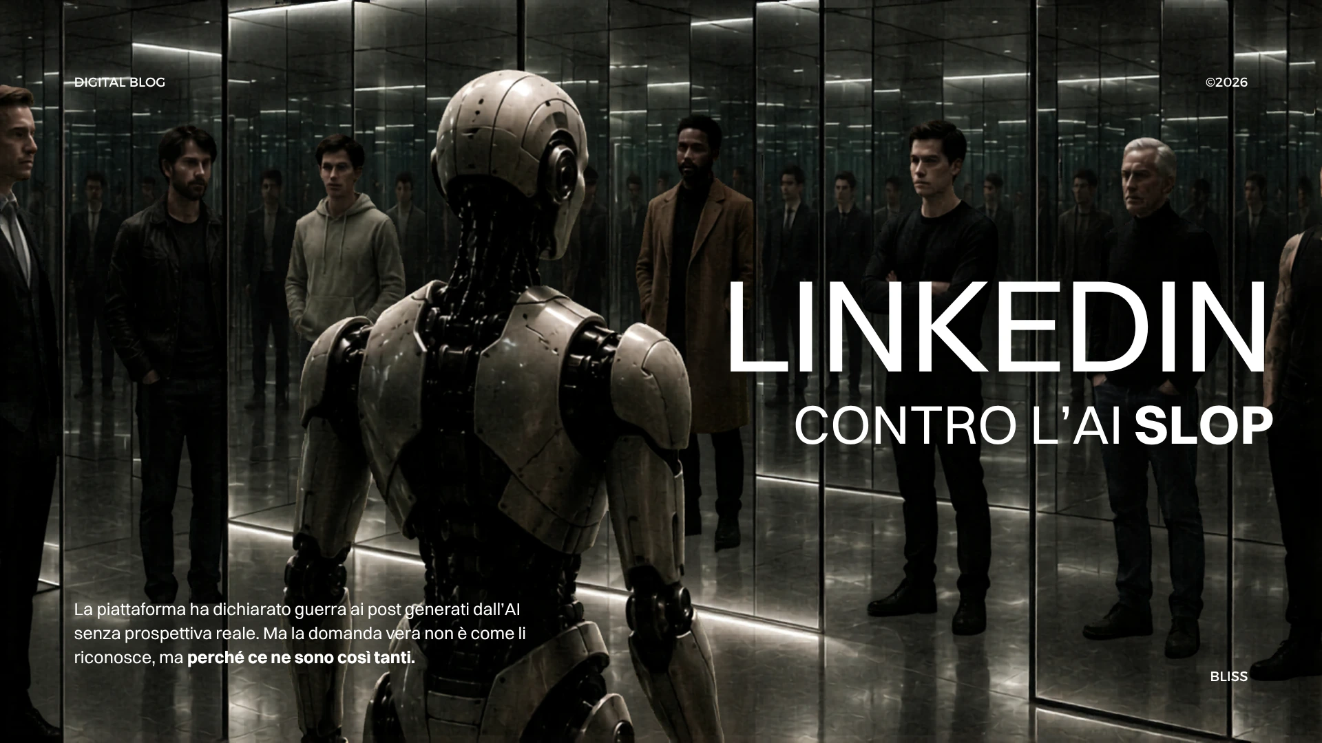 Robot metallico in primo piano con scritta "LINKEDIN CONTRO L'AI SLOP" e riflessi di persone in uno spazio specchiato.