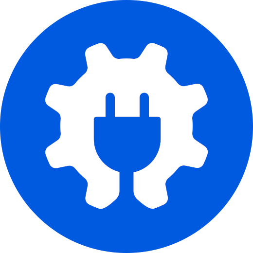 Icona AIOSEO: ingranaggio bianco con spina blu, simbolo del plugin SEO WordPress per l'ottimizzazione del sito.