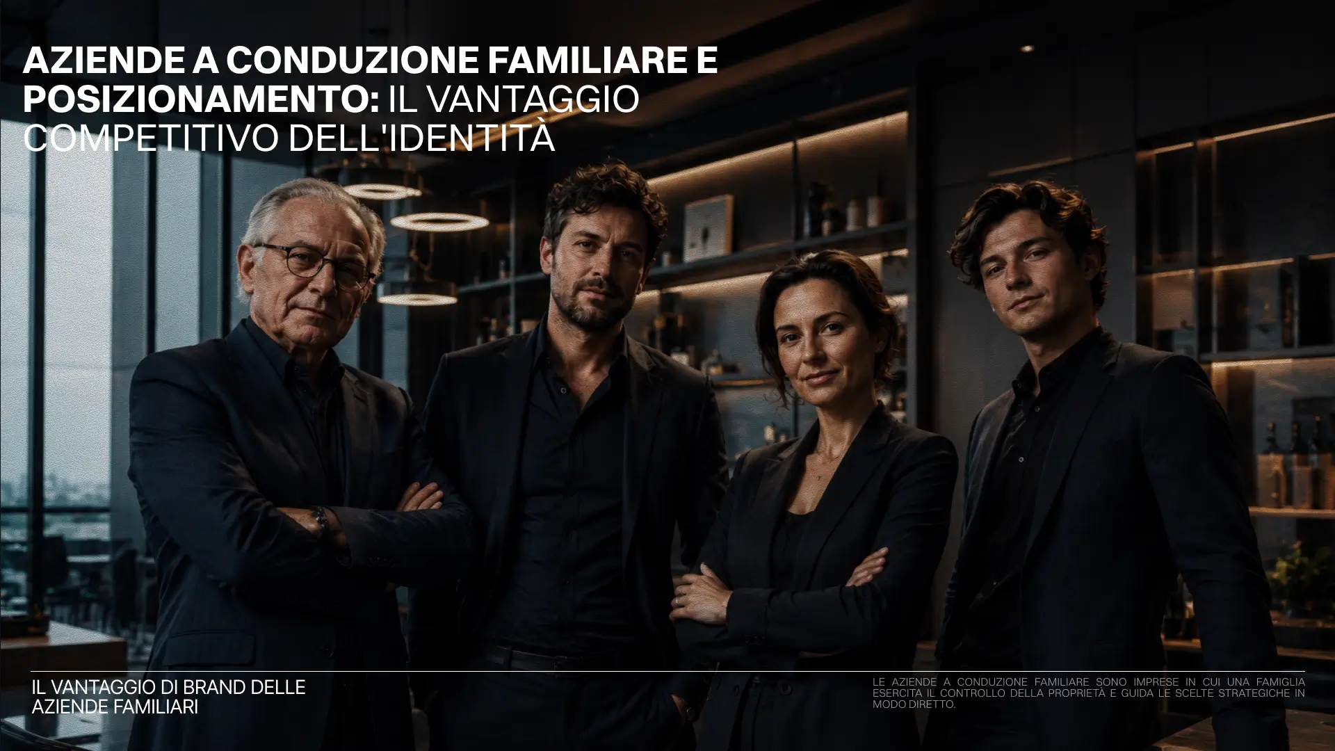 Quattro persone in abiti scuri posano davanti a scaffali illuminati; testo in sovrimpressione: "AZIENDE A CONDUZIONE FAMILIARE E POSIZIONAMENTO: IL VANTAGGIO COMPETITIVO DELL'IDENTITA".