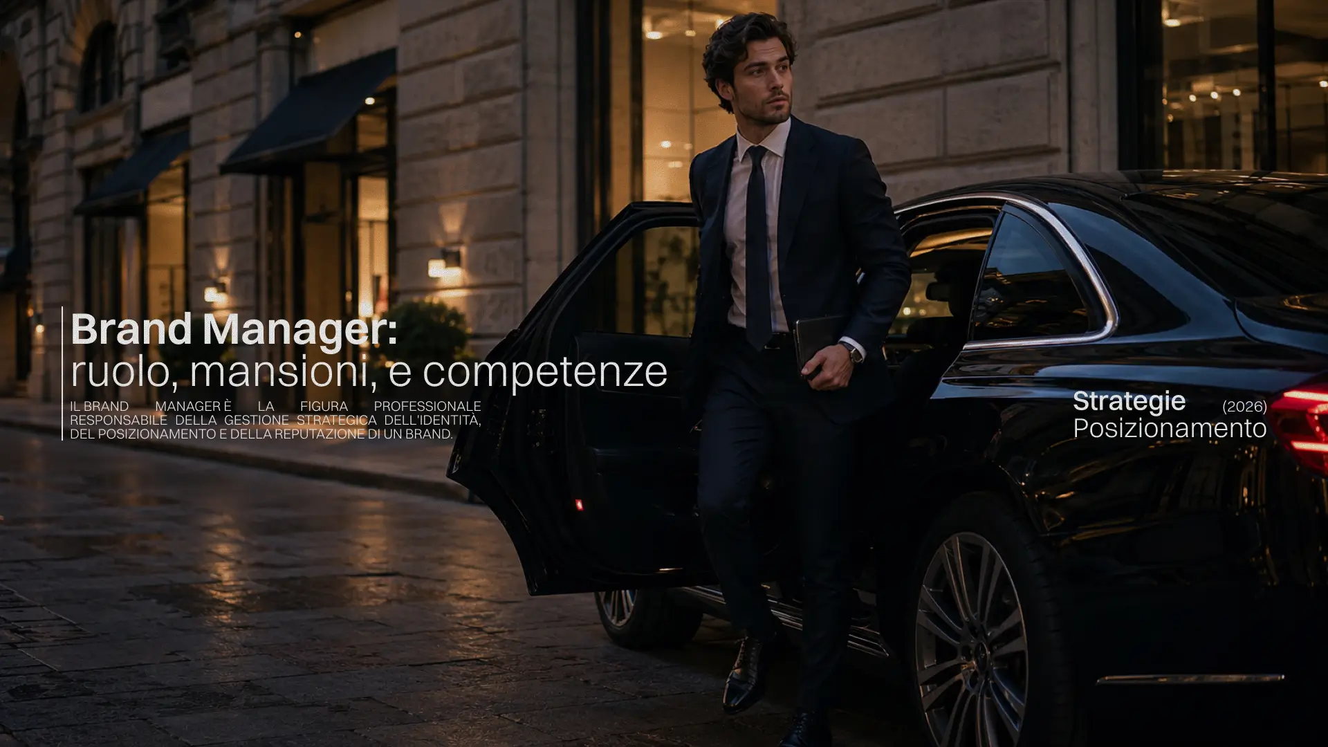 Uomo in completo scuro scende da un'auto di lusso nera, con elementi grafici e testo sovrapposti che recitano 'Brand Manager: ruolo, mansioni, e competenze'.