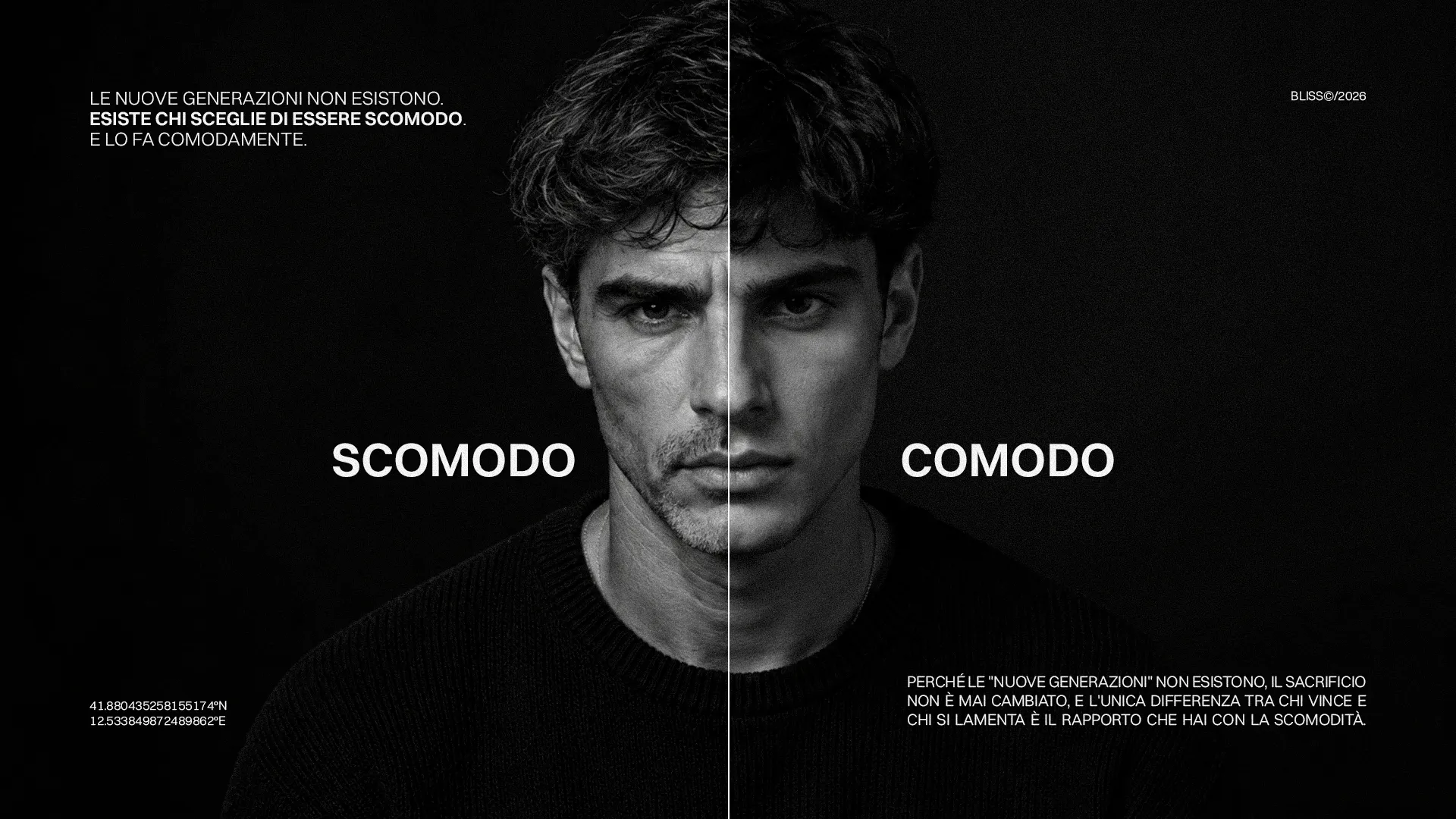 Comodo Scomodo: ritratto in bianco e nero di un uomo, metà volto in ombra, metà illuminato, che esprime un contrasto tra agio e disagio.