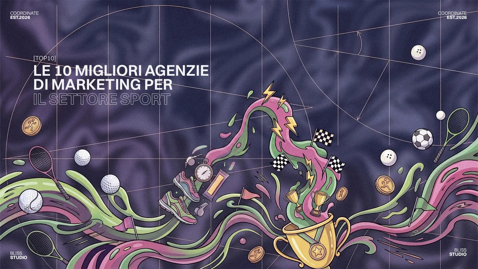 Le 10 migliori agenzie marketing sport: illustrazione con trofeo, scarpe da corsa, palloni e racchette. Agenzie marketing settore sport.